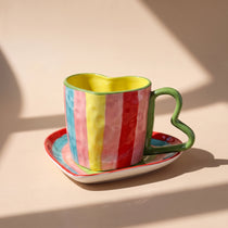 Handmade Ceramic Heart Cup and Saucer Set | Hand-Painted Rainbow Mug (10 oz)