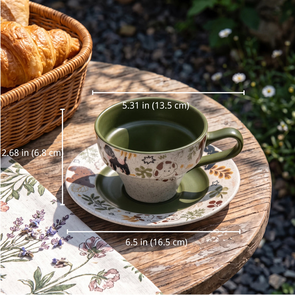 Handcrafted Ceramic Latte Cup & Saucer Set | Hand-Painted Cat & Dog Teacup (8.5oz)