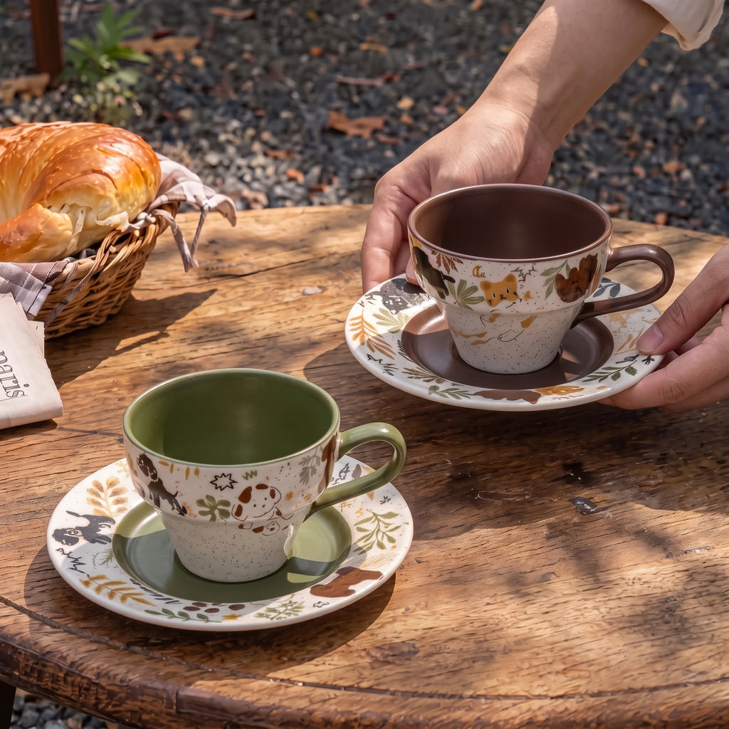 Handcrafted Ceramic Latte Cup & Saucer Set | Hand-Painted Cat & Dog Teacup (8.5oz)
