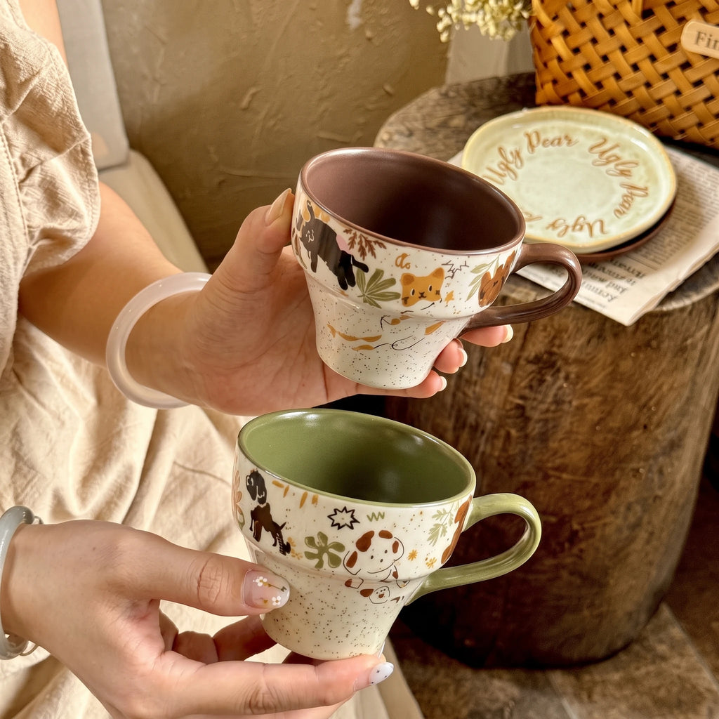 Handcrafted Ceramic Latte Cup & Saucer Set | Hand-Painted Cat & Dog Teacup (8.5oz)