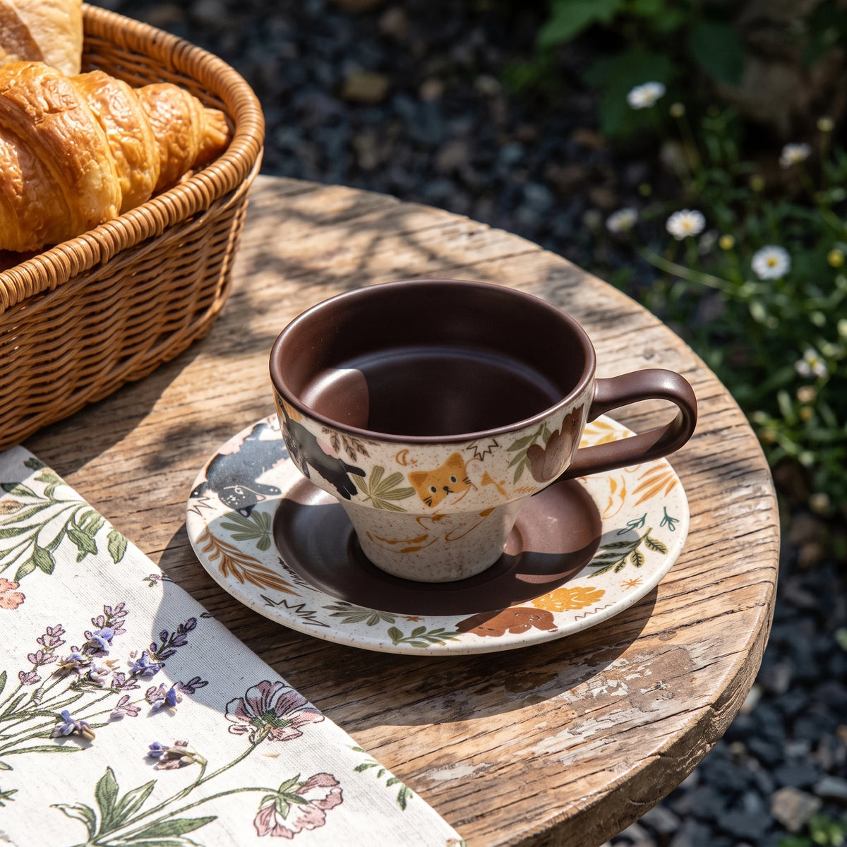Handcrafted Ceramic Latte Cup & Saucer Set | Hand-Painted Cat & Dog Teacup (8.5oz) Main image