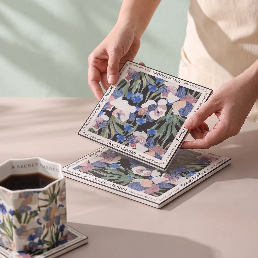 Handcrafted Botanical Ceramic Trivet & Coaster with Cork Base | Heat-Resistant Hot Dish Mat