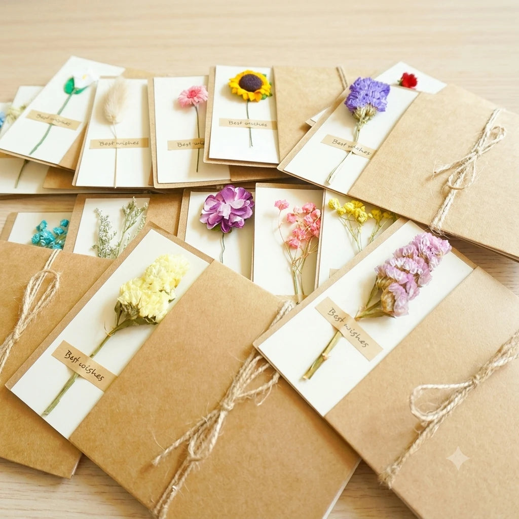 Handmade Dried Flower Greeting Cards (Set of 10) | Kraft Note Cards