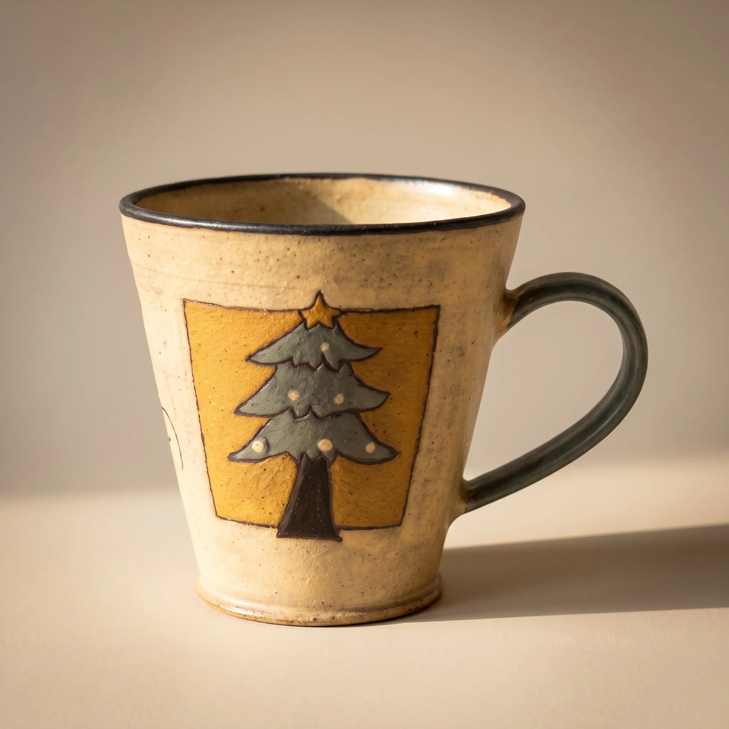 Handmade Stoneware Christmas Tree Mug | Hand-Painted Winter Cabin Latte Cup (8.5 oz)