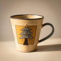 Handmade Stoneware Christmas Tree Mug | Hand-Painted Winter Cabin Latte Cup (8.5 oz)