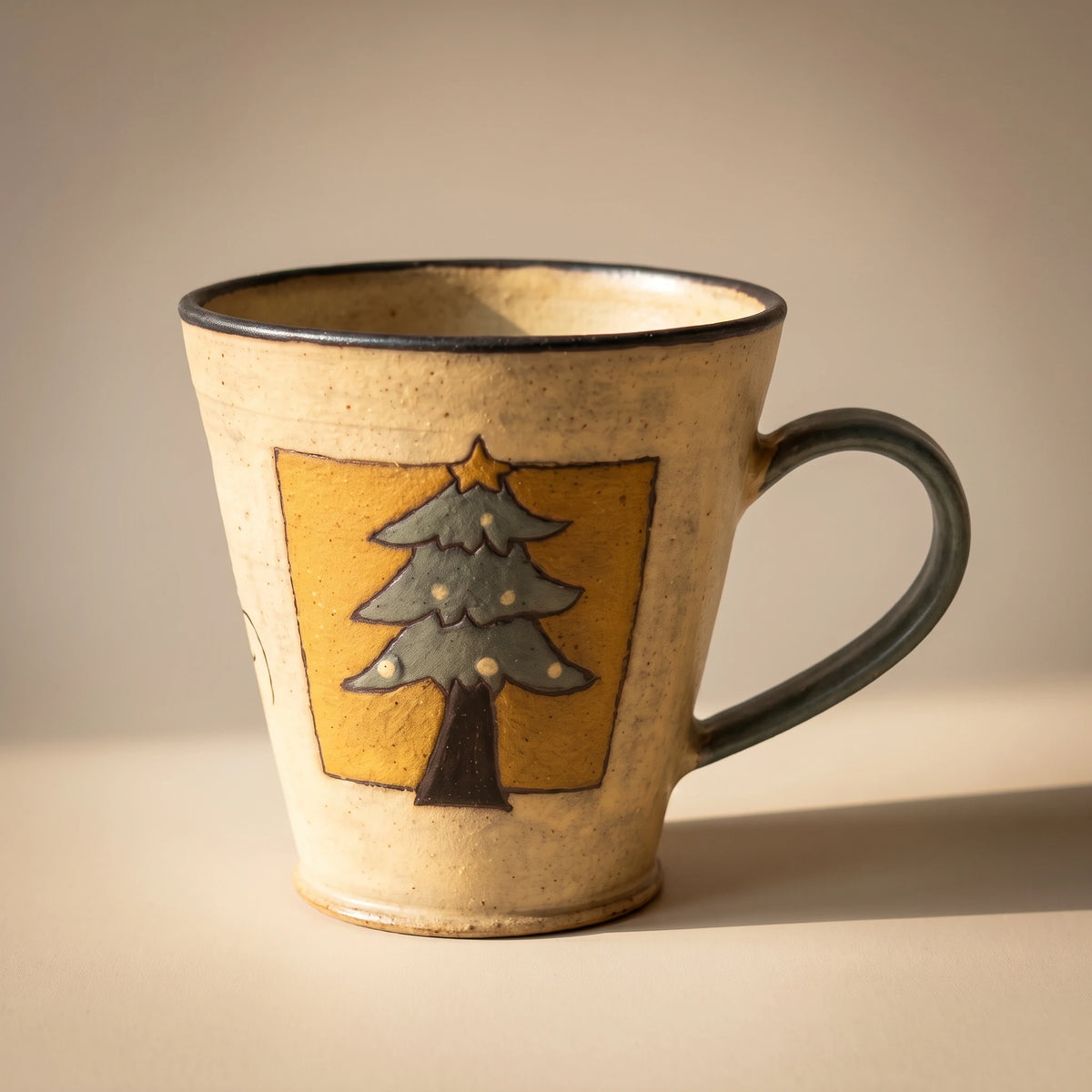 Handmade Stoneware Christmas Tree Mug | Hand-Painted Winter Cabin Latte Cup (8.5 oz)