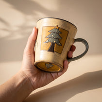 Handmade Stoneware Christmas Tree Mug | Hand-Painted Winter Cabin Latte Cup (8.5 oz)