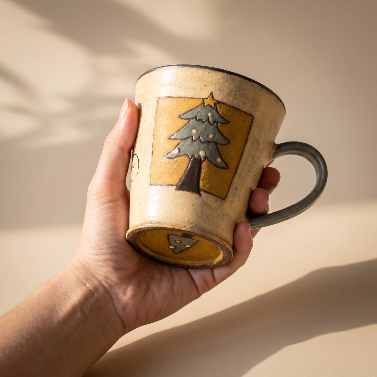 Handmade Stoneware Christmas Tree Mug | Hand-Painted Winter Cabin Latte Cup (8.5 oz)