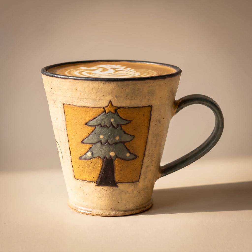 Handmade Stoneware Christmas Tree Mug | Hand-Painted Winter Cabin Latte Cup (8.5 oz)