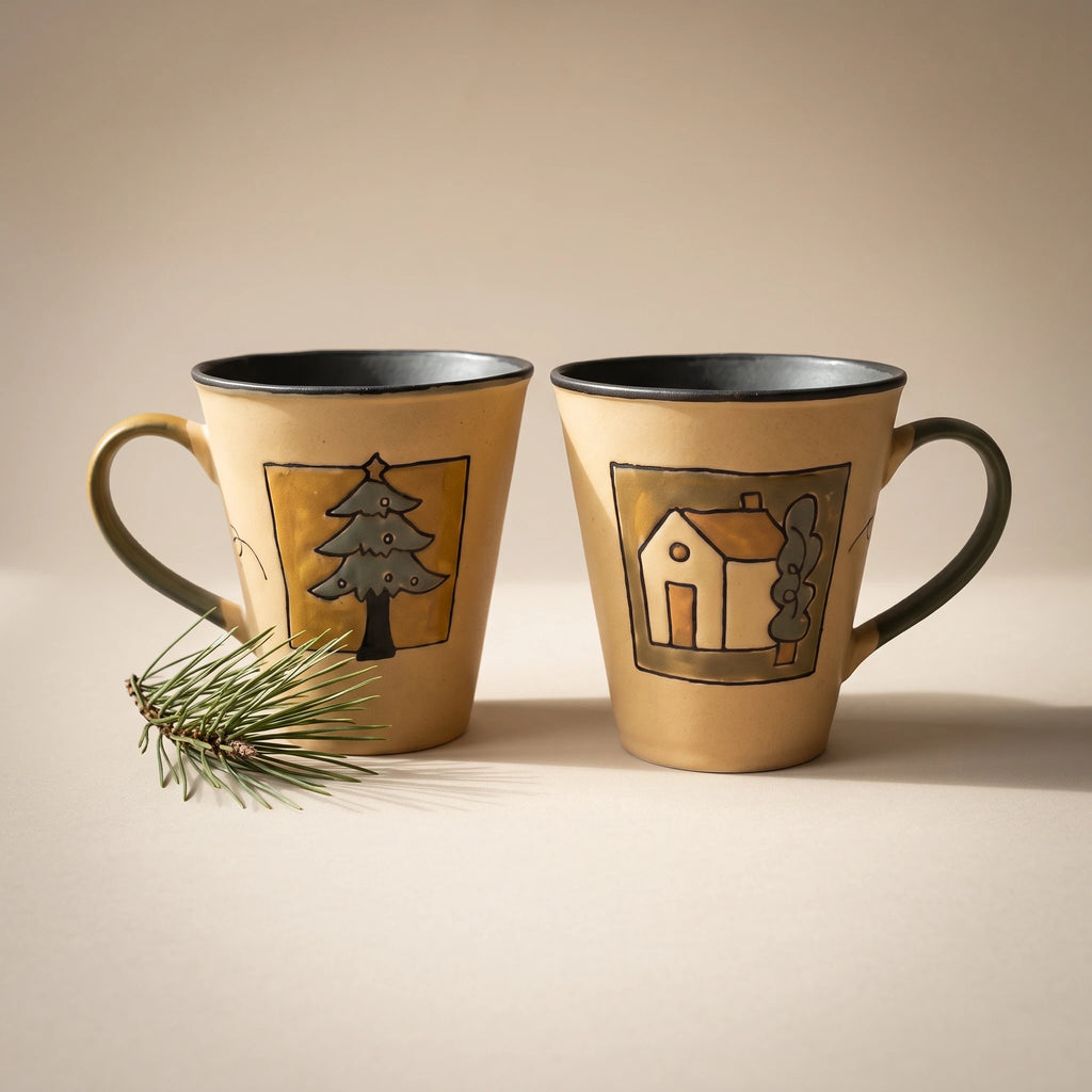 Handmade Stoneware Christmas Tree Mug | Hand-Painted Winter Cabin Latte Cup (8.5 oz)