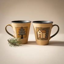 Handmade Stoneware Christmas Tree Mug | Hand-Painted Winter Cabin Latte Cup (8.5 oz)