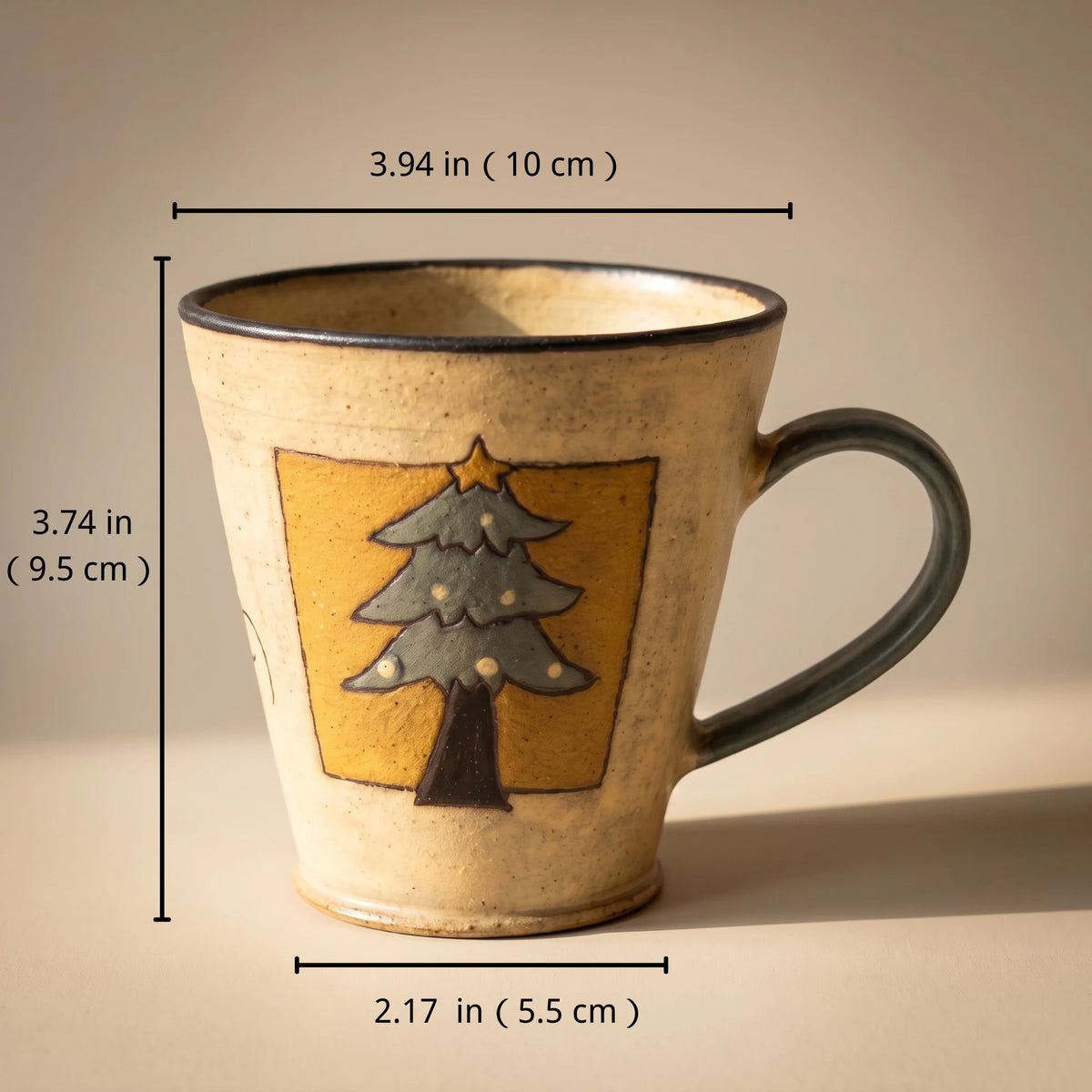 Handmade Stoneware Christmas Tree Mug | Hand-Painted Winter Cabin Latte Cup (8.5 oz)