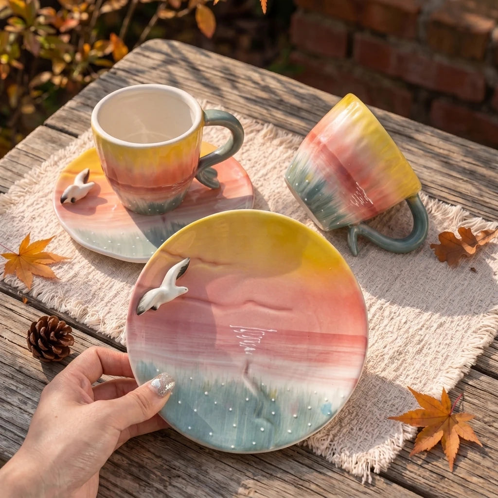 Handmade Sunset Ceramic Cup & Saucer Set with 3D Seagull | 8oz