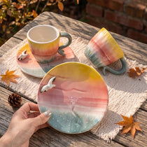 Handmade Sunset Ceramic Cup & Saucer Set with 3D Seagull | 8oz
