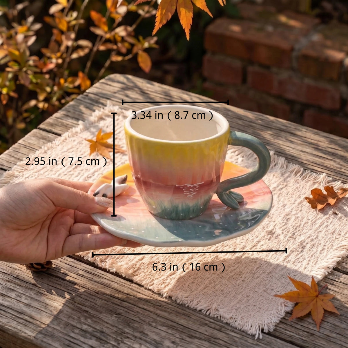 Handmade Sunset Ceramic Cup & Saucer Set with 3D Seagull | 8oz