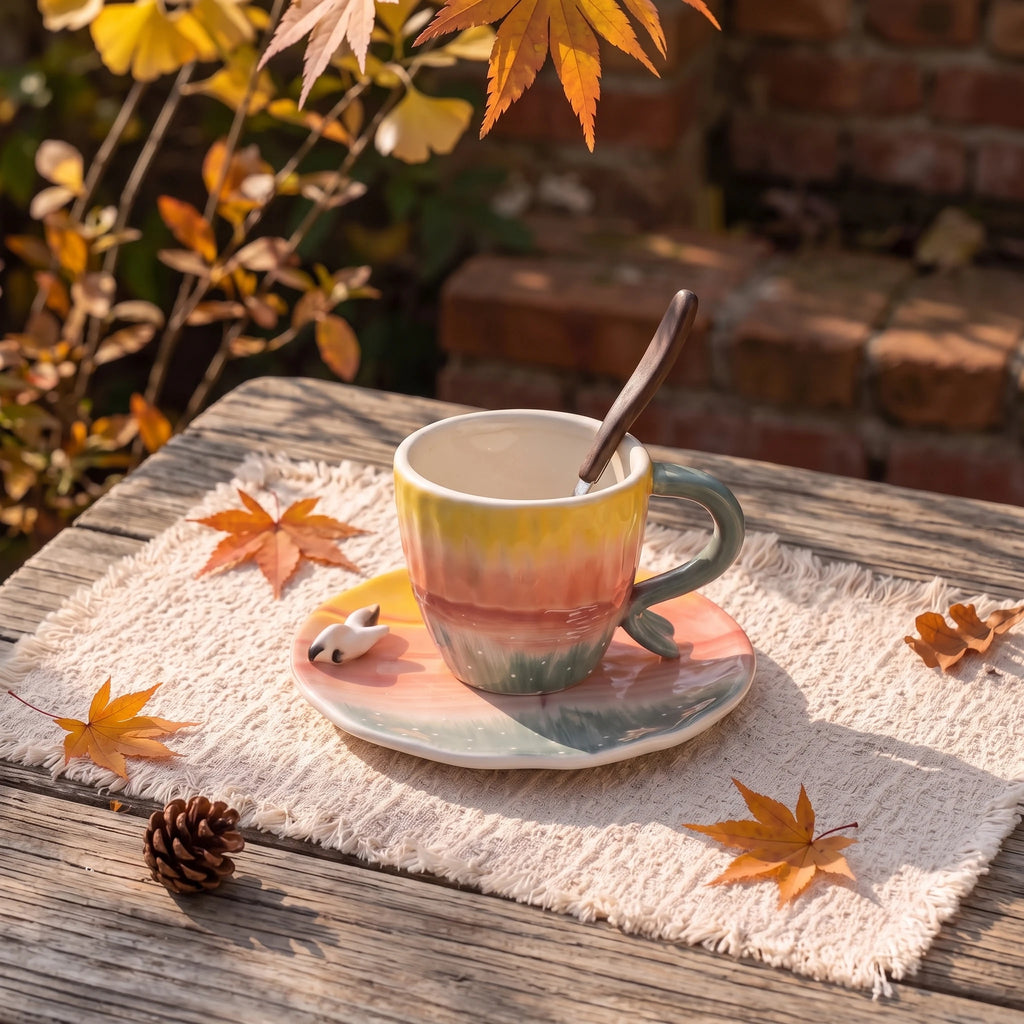 Handmade Sunset Ceramic Cup & Saucer Set with 3D Seagull | 8oz