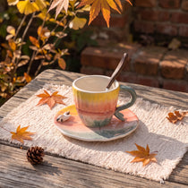 Handmade Sunset Ceramic Cup & Saucer Set with 3D Seagull | 8oz