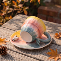 Handmade Sunset Ceramic Cup & Saucer Set with 3D Seagull | 8oz