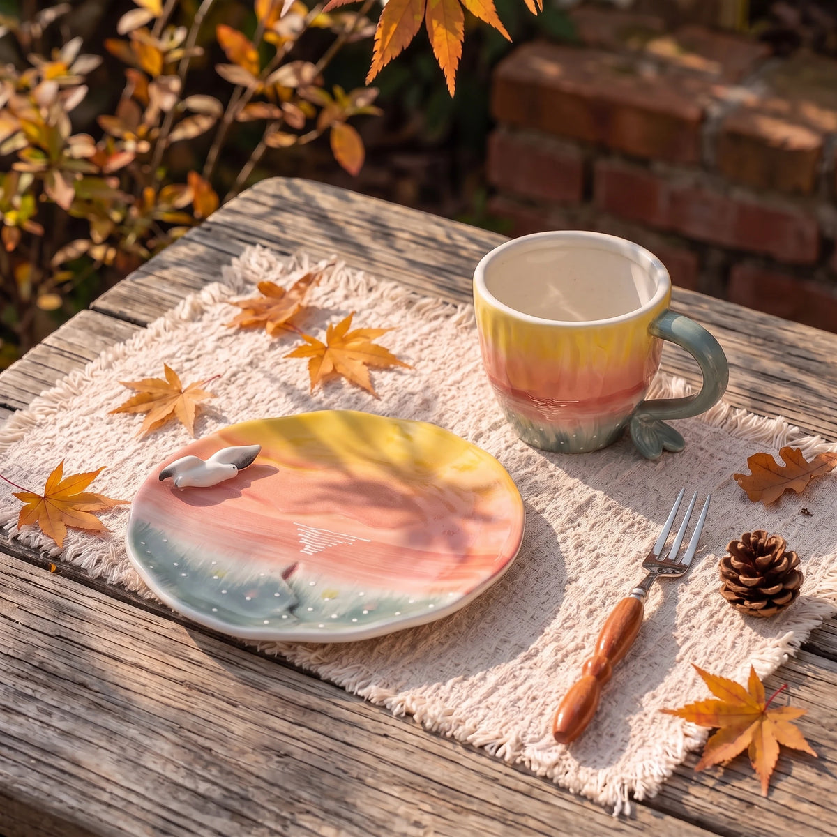 Handmade Sunset Ceramic Cup & Saucer Set with 3D Seagull | 8oz