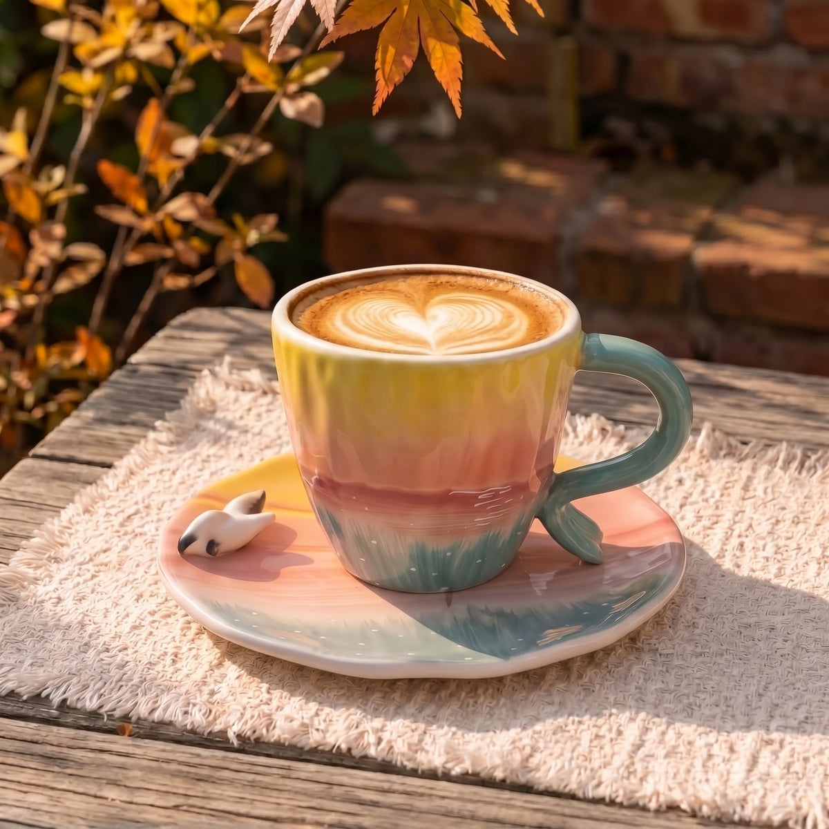 Handmade Sunset Ceramic Cup & Saucer Set with 3D Seagull | 8oz