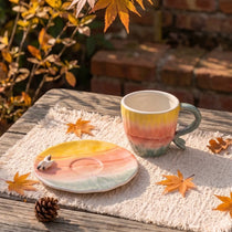 Handmade Sunset Ceramic Cup & Saucer Set with 3D Seagull | 8oz
