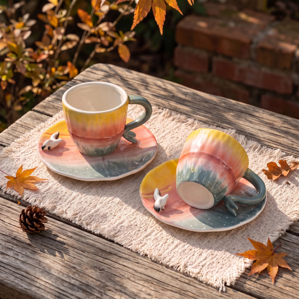 Handmade Sunset Ceramic Cup & Saucer Set with 3D Seagull | 8oz