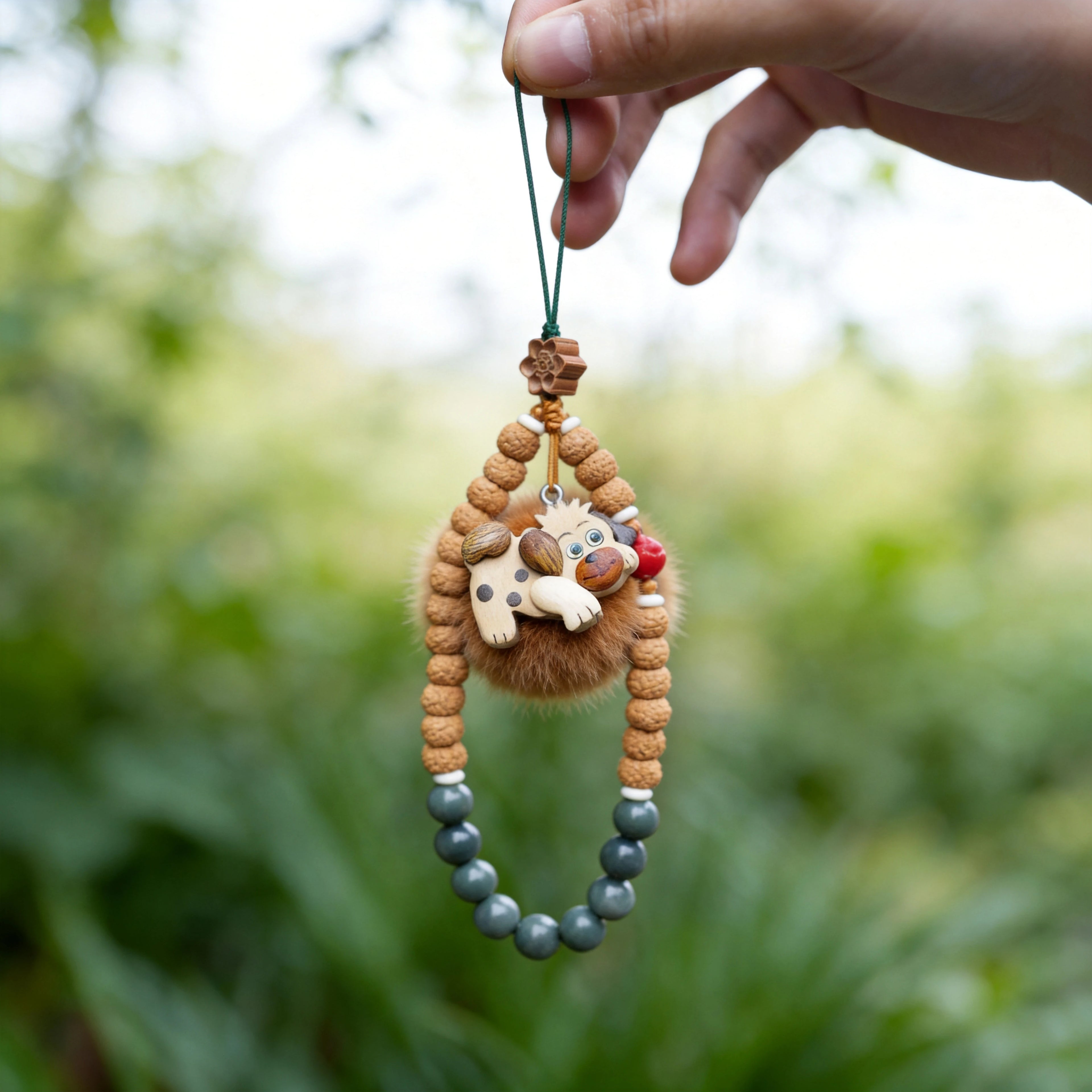 Whimsical Hand-Carved Wooden Animal Charm & Beaded Bracelet
