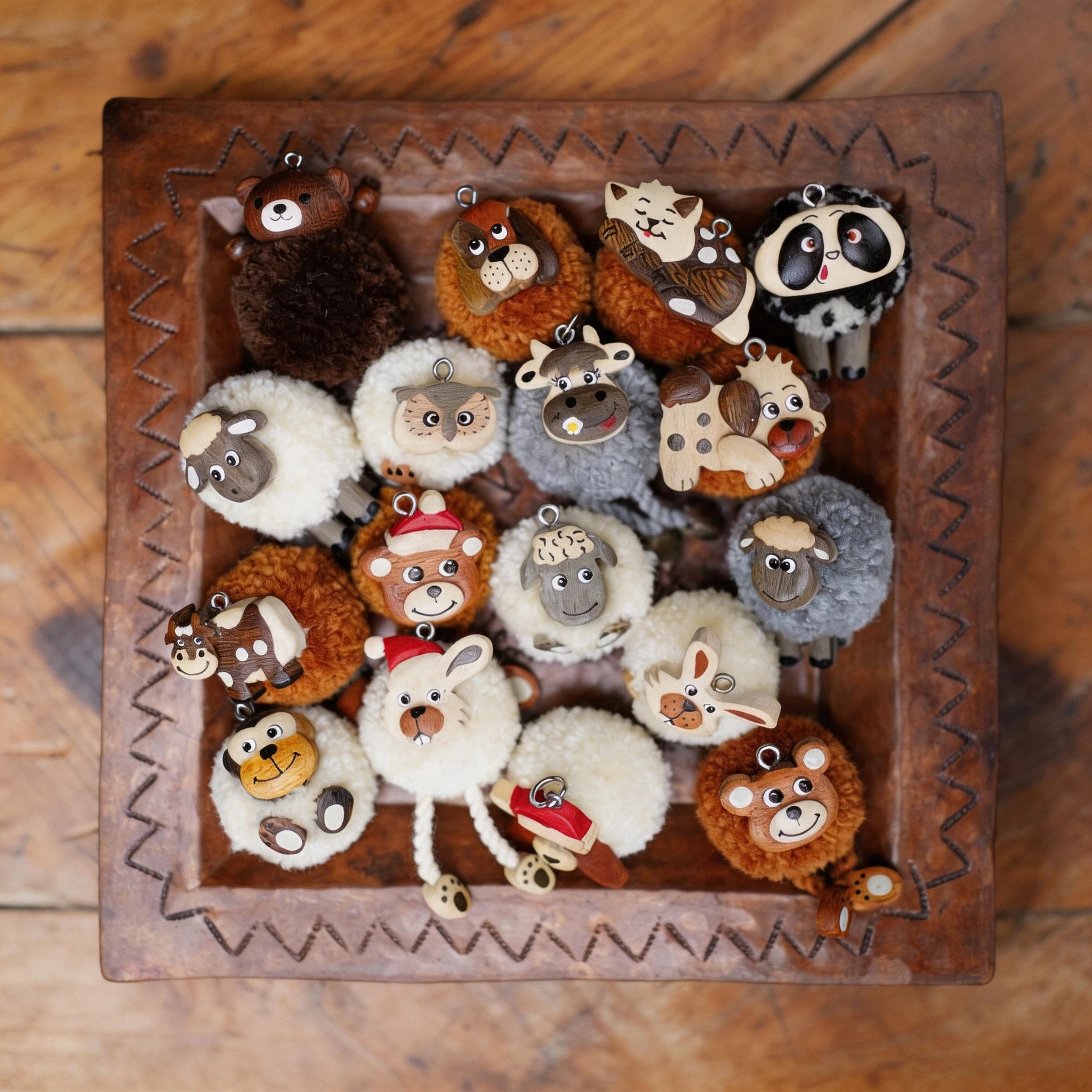 Whimsical Hand-Carved Wooden Animal Charm & Beaded Bracelet