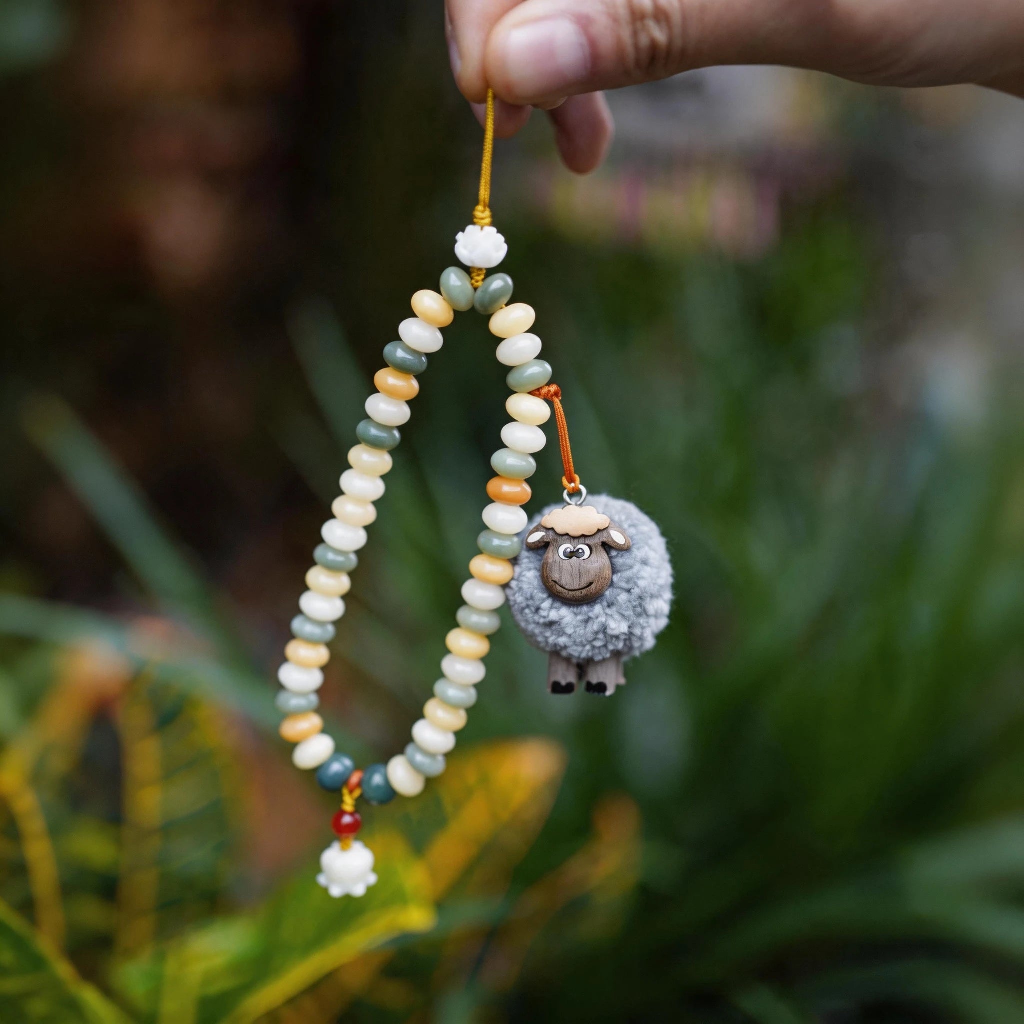 Whimsical Hand-Carved Wooden Animal Charm & Beaded Bracelet