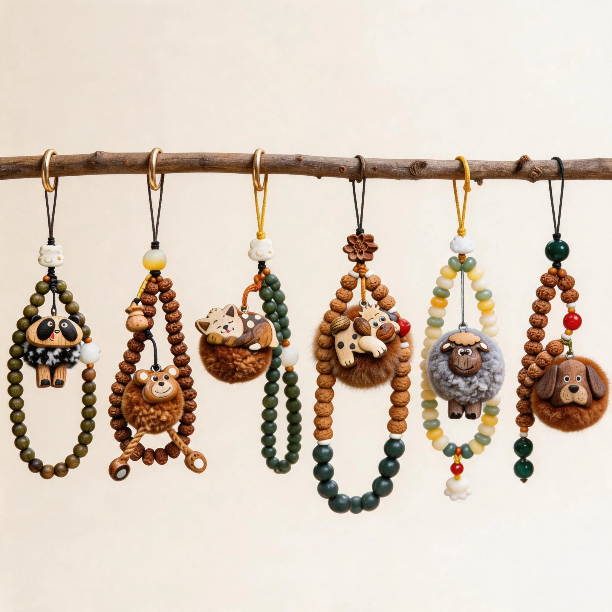 Whimsical Hand-Carved Wooden Animal Charm & Beaded Bracelet Main image