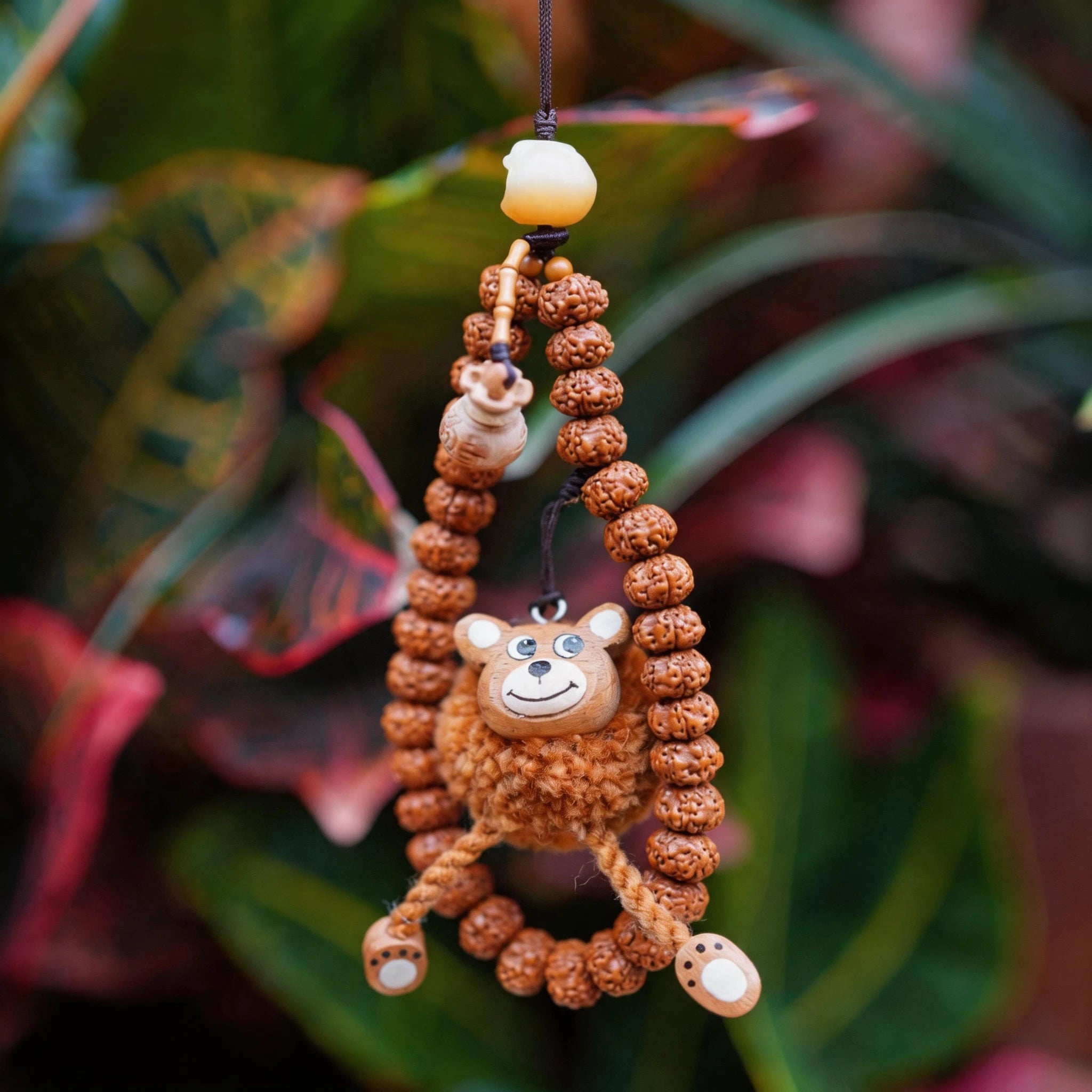 Whimsical Hand-Carved Wooden Animal Charm & Beaded Bracelet