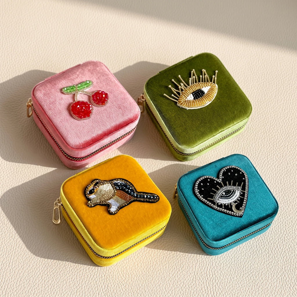 Hand Beaded Velvet Mini Travel Jewelry Box & Organizer