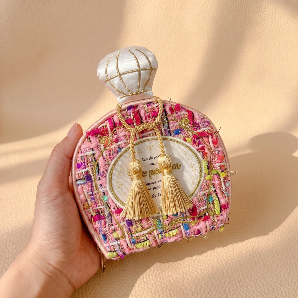 Vintage Perfume Bottle Travel Jewelry Pouch | Woven Tweed & Floral Case with Tassels