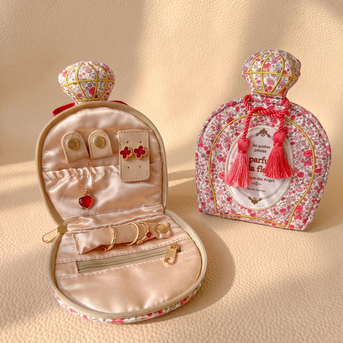 Vintage Perfume Bottle Travel Jewelry Pouch | Woven Tweed & Floral Case with Tassels
