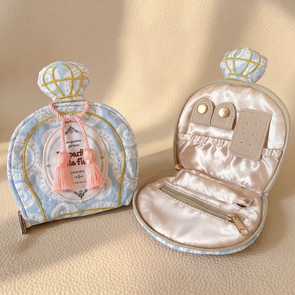 Vintage Perfume Bottle Travel Jewelry Pouch | Woven Tweed & Floral Case with Tassels
