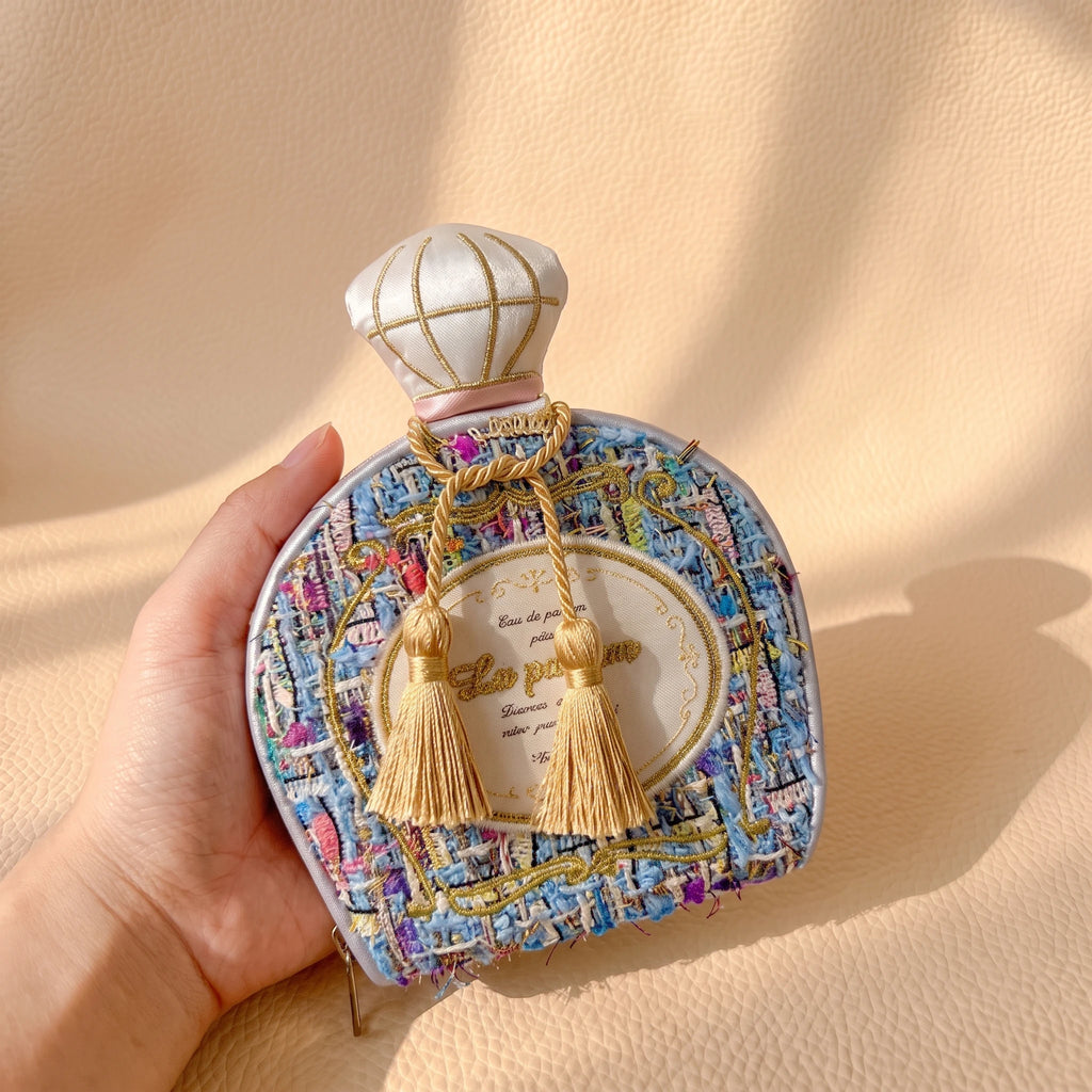 Vintage Perfume Bottle Travel Jewelry Pouch | Woven Tweed & Floral Case with Tassels