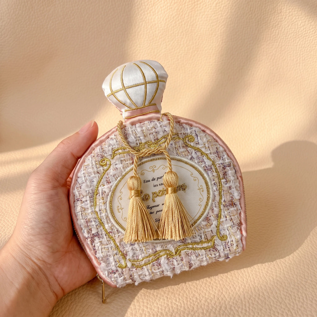 Vintage Perfume Bottle Travel Jewelry Pouch | Woven Tweed & Floral Case with Tassels