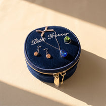 French Vintage Round Velvet Jewelry Box & Makeup Case | 2-in-1 Travel Pouch (3.5")