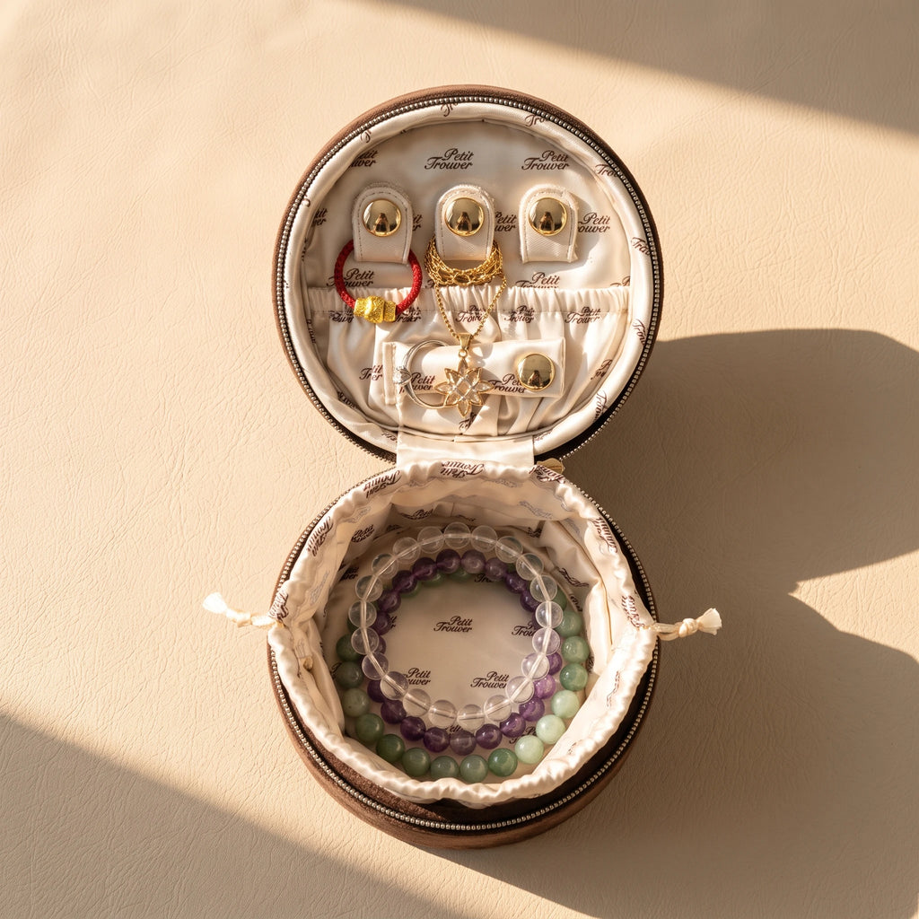 French Vintage Round Velvet Jewelry Box & Makeup Case | 2-in-1 Travel Pouch (3.5")