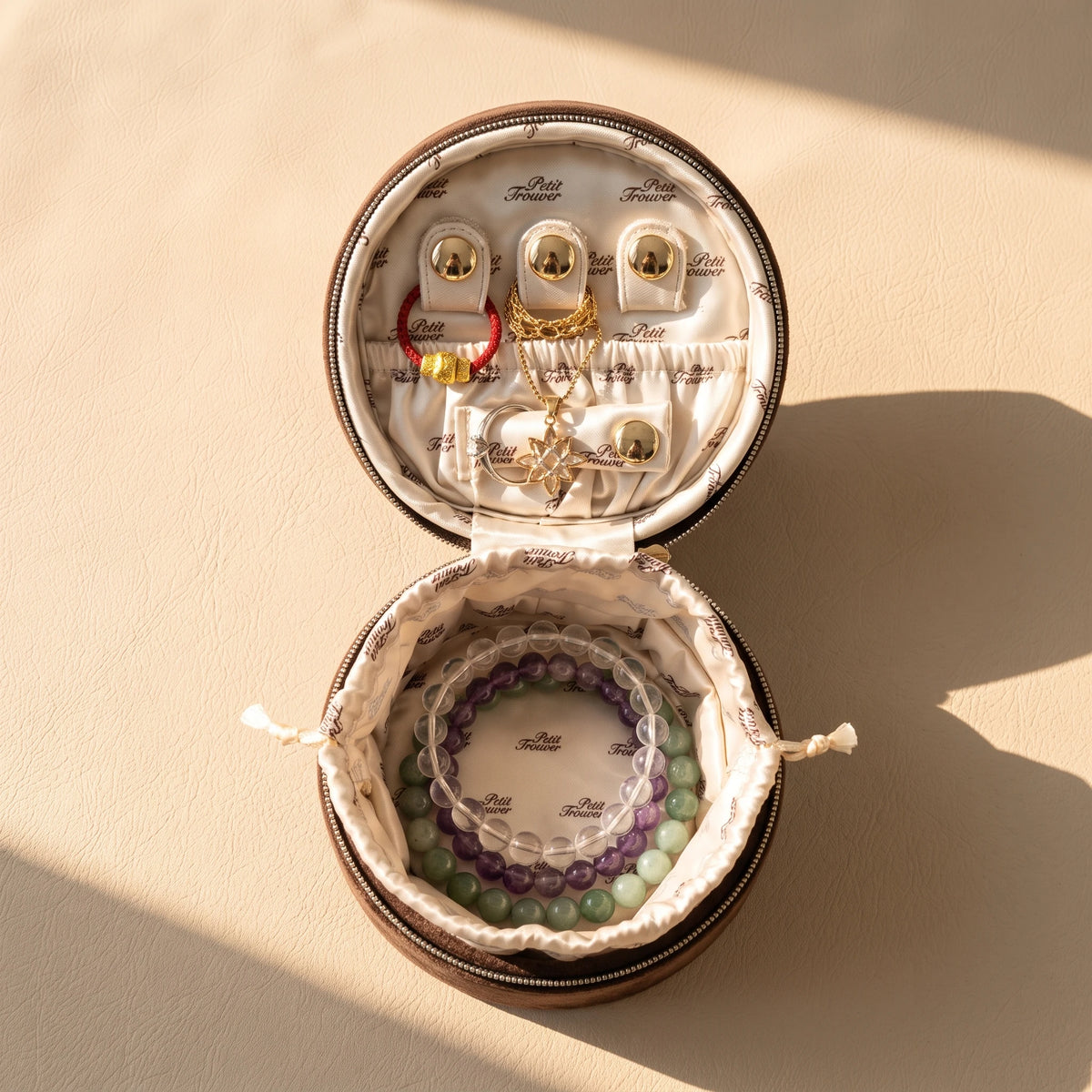 French Vintage Round Velvet Jewelry Box & Makeup Case | 2-in-1 Travel Pouch (3.5")