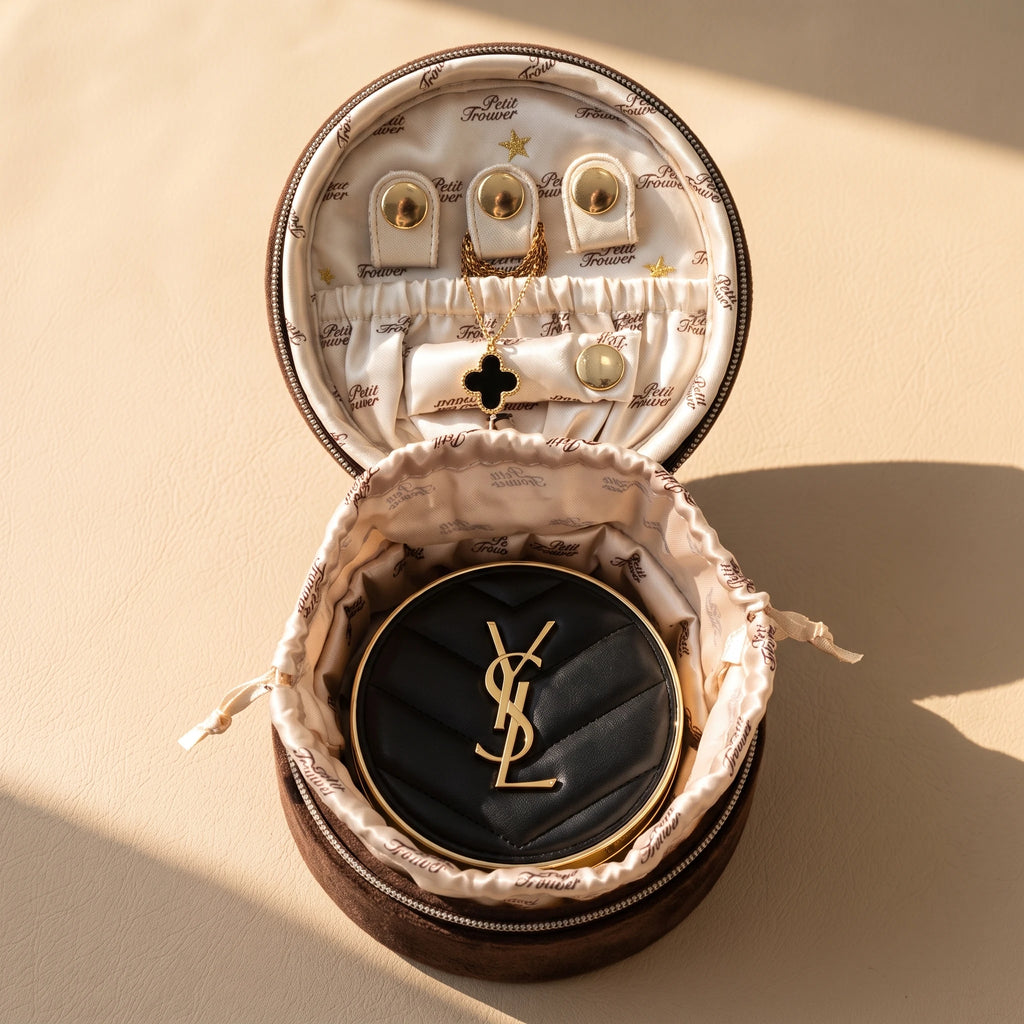 French Vintage Round Velvet Jewelry Box & Makeup Case | 2-in-1 Travel Pouch (3.5")
