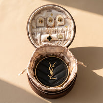 French Vintage Round Velvet Jewelry Box & Makeup Case | 2-in-1 Travel Pouch (3.5")