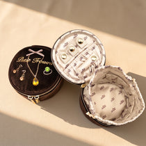 French Vintage Round Velvet Jewelry Box & Makeup Case | 2-in-1 Travel Pouch (3.5")