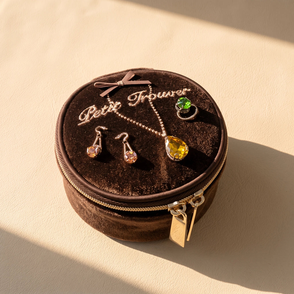 French Vintage Round Velvet Jewelry Box & Makeup Case | 2-in-1 Travel Pouch (3.5")