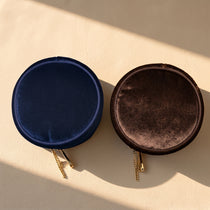 French Vintage Round Velvet Jewelry Box & Makeup Case | 2-in-1 Travel Pouch (3.5")