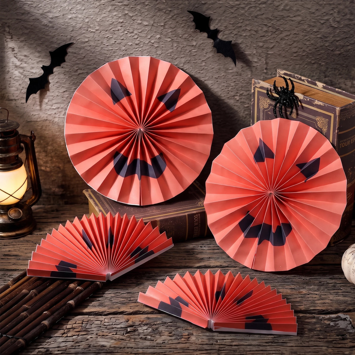 Set of 9 Jack-o'-Lantern Paper Fan Rosettes | 11.5" Halloween Party Backdrop Main image