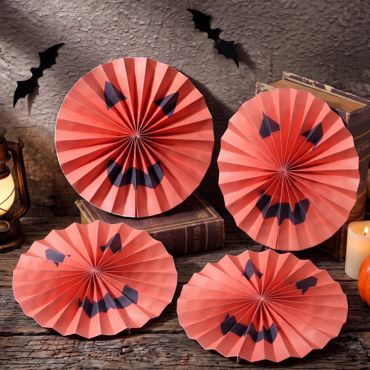 Set of 9 Jack-o'-Lantern Paper Fan Rosettes | 11.5" Halloween Party Backdrop