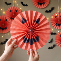 Set of 9 Jack-o'-Lantern Paper Fan Rosettes | 11.5" Halloween Party Backdrop