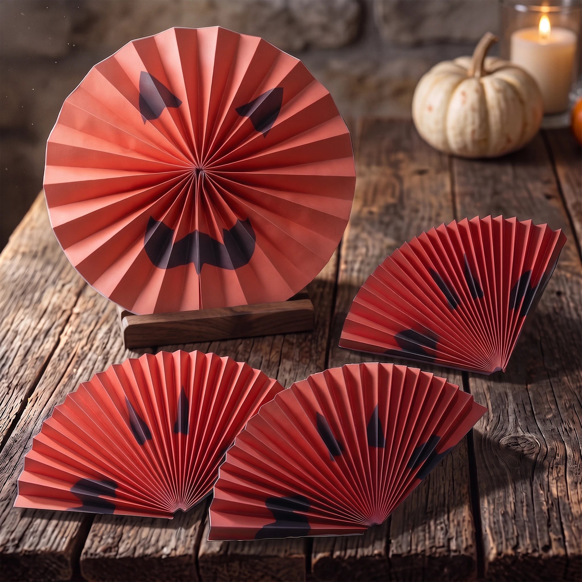 Set of 9 Jack-o'-Lantern Paper Fan Rosettes | 11.5" Halloween Party Backdrop