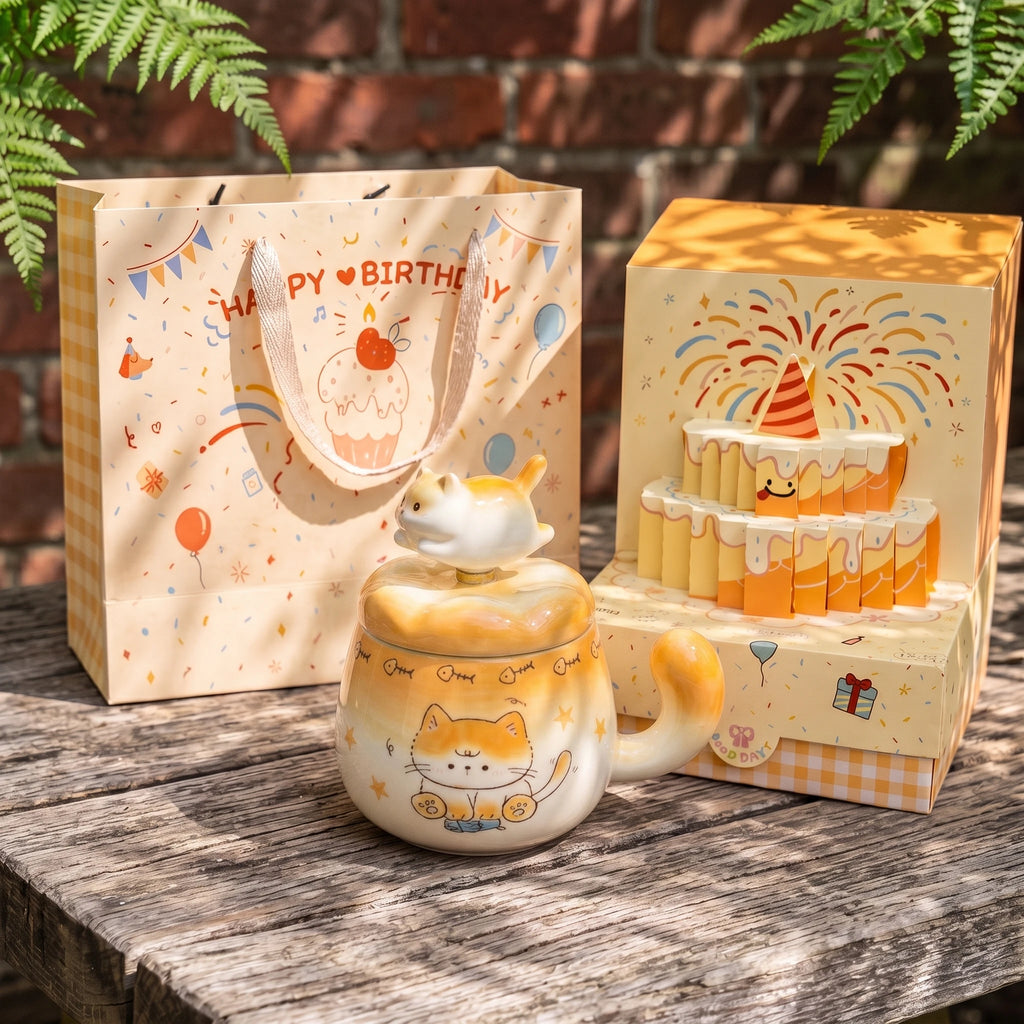 Spinning Cat Ceramic Mug with Lid | 360° Interactive Fidget Cup (13oz)